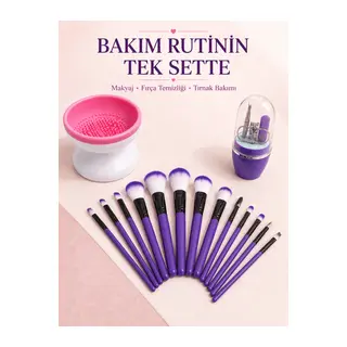 12’li Makyaj Fırça Seti Fırça Temizleme Cihazı ve Manikür Pedikür Seti 3’lü Kadın Güzellik Bakım Paketi