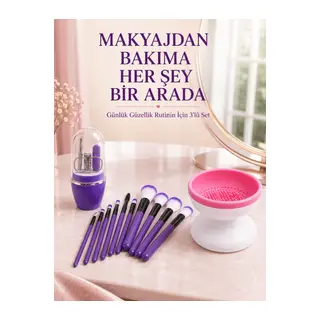 3’lü Güzellik ve Bakım Seti 12’li Mor Makyaj Fırçası Fırça Temizleme Cihazı ve Manikür Pedikür Tırnak Bakım Seti