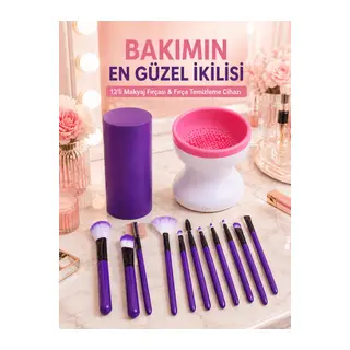 Avantajlı İkili Set 12’li Mor Makyaj Fırçası ve Elektrikli Makyaj Fırçası Yıkama Temizleme Cihazı
