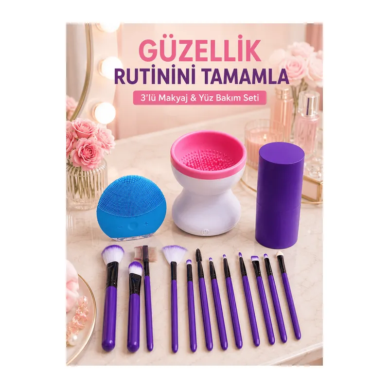 Kadın 3’lü Kişisel Bakım ve Makyaj Seti 12’li Makyaj Fırçaları Fırça Temizleyici ve Silikon Yüz Temizleme Cihazı