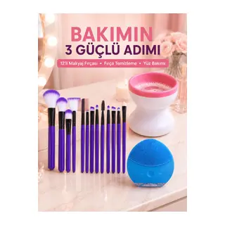 3’lü Güzellik ve Kişisel Bakım Seti 12’li Makyaj Fırçası Fırça Temizleme Cihazı ve Yüz Temizleme Cihazı