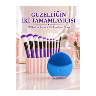 12’li Mor Makyaj Fırça Seti ve Silikon Yüz Temizleme Cihazı İkili Makyaj ve Cilt Bakım Seti
