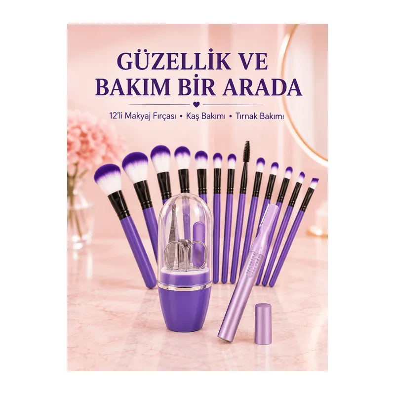 Kadın Makyaj ve Kişisel Bakım Seti 12’li Mor Makyaj Fırçası Kaş Düzeltici ve Manikür Tırnak Bakım Seti