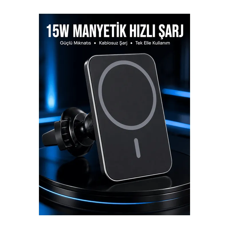 15W Manyetik Araç İçi Kablosuz Şarj Cihazı MagSafe Uyumlu Telefon Tutucu