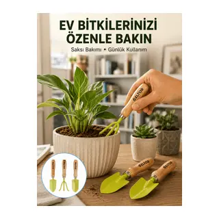 Ahşap Saplı Mini Bahçe El Aleti Seti Saksı ve Çiçek Bakım Seti
