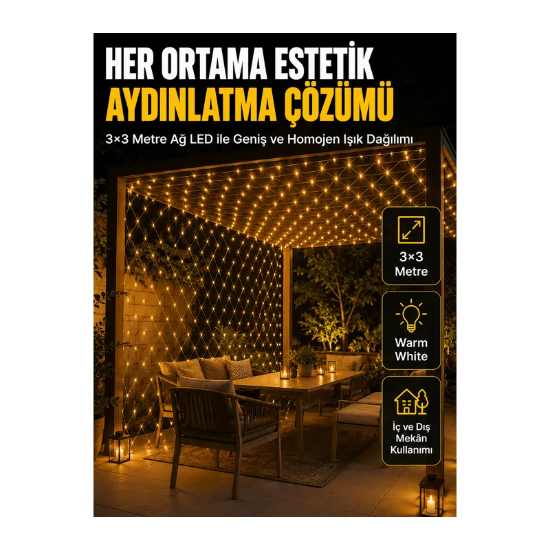 3x3 Metre Ağ LED ile Bahçenize Sıcak ve Şık Aydınlatma