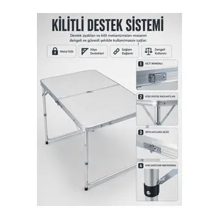 4 Kişilik Katlanabilir Kamp Masası Seti 4 Tabureli 50-65 cm Ayarlanabilir Yükseklik