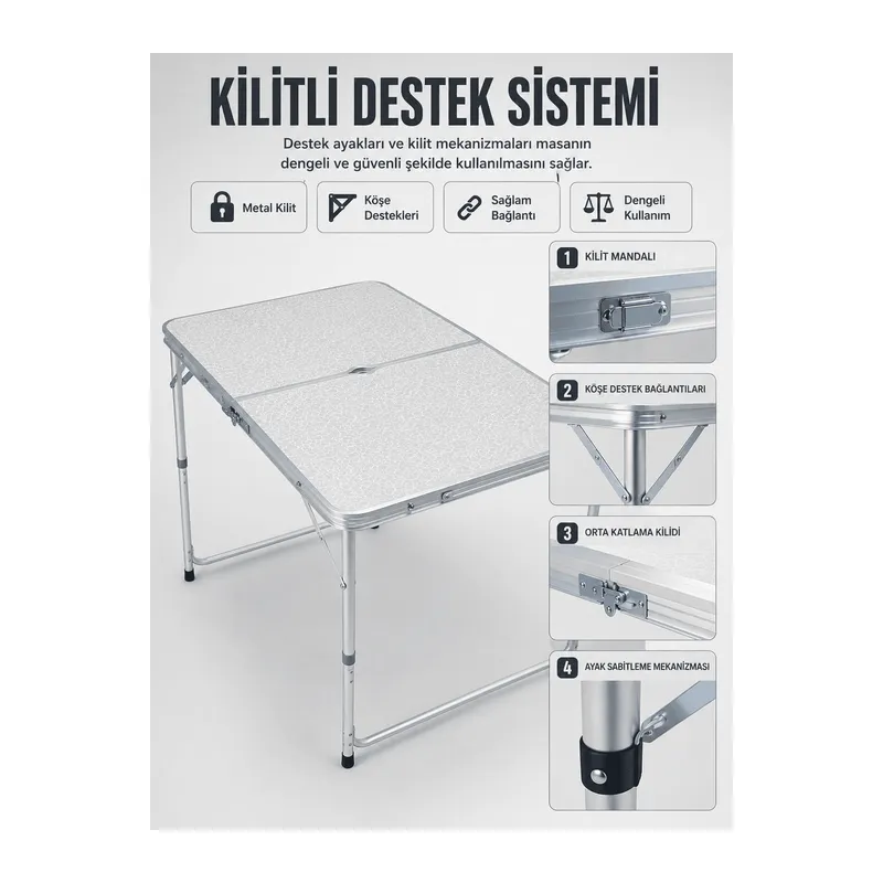 4 Kişilik Katlanabilir Kamp Masası Seti 4 Tabureli 50-65 cm Ayarlanabilir Yükseklik