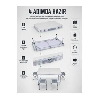 Valiz Tipi Katlanabilir Piknik Masası 4 Tabureli Taşınabilir Kamp Masası
