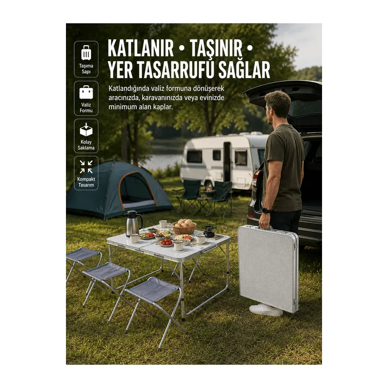 Ayarlanabilir Yükseklikli Kamp ve Piknik Masası 4 Kişilik Katlanabilir Masa Seti