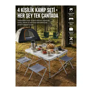 Katlanabilir Kamp Masası ve 4 Tabure Seti Taşınabilir Alüminyum Gövdeli Piknik Masası