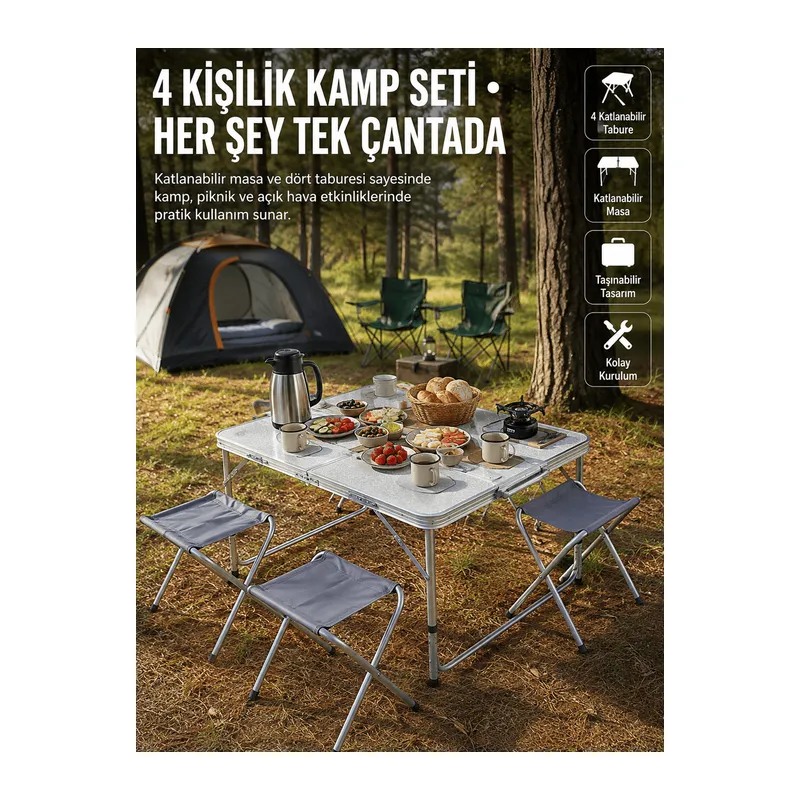 Katlanabilir Kamp Masası ve 4 Tabure Seti Taşınabilir Alüminyum Gövdeli Piknik Masası