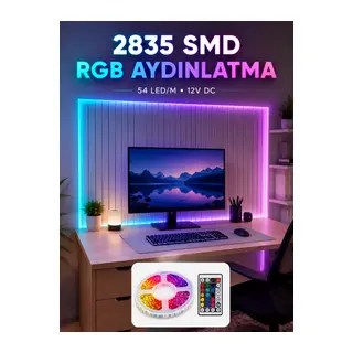 5M RGB Şerit LED Seti 12V 2835 SMD Kumandalı Ev Oda ve Dekoratif Ambiyans Aydınlatma