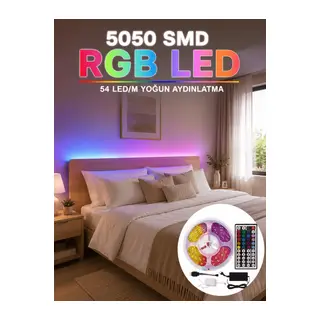 5050 SMD RGB LED Şerit 5 Metre Kumandalı Renkli TV Oda Masa Arkası Dekoratif Aydınlatma Seti