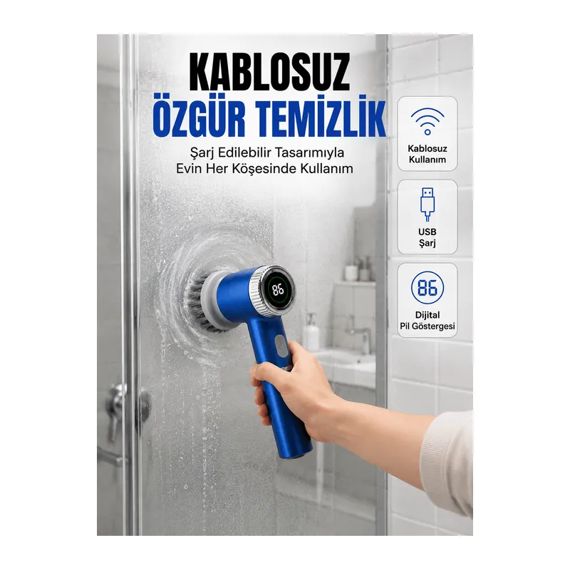 Mutfak, Banyo ve Fayanslar İçin Çok Amaçlı Elektrikli Temizlik Fırçası