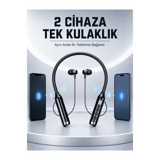 Boyun Bantlı Bluetooth Kulaklık Dijital Ekranlı Mikrofonlu Çift Telefon Bağlantılı Kablosuz Müzik ve Görüşme Kulaklığı