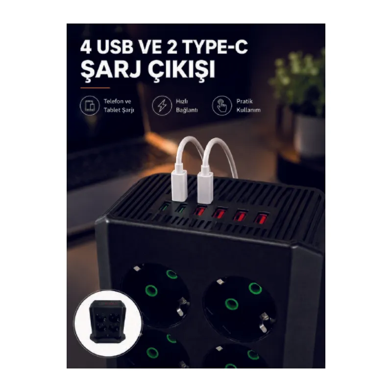 8'li Dikey Çoklu Priz 4 USB 2 Type-C Akım Korumalı Anahtarlı Priz