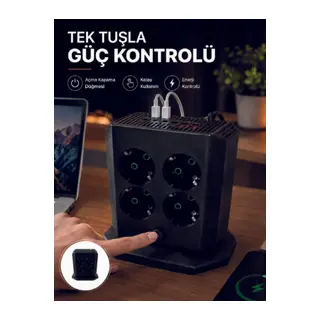 Akım Korumalı 8'li Dikey Priz 4 USB 2 Type-C Hızlı Şarj Destekli Çoklu Priz