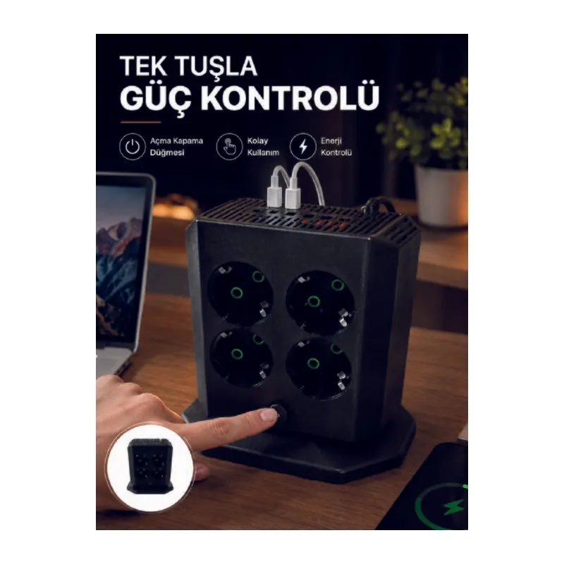 Akım Korumalı 8'li Dikey Priz 4 USB 2 Type-C Hızlı Şarj Destekli Çoklu Priz