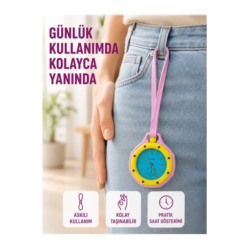 Askılı Analog Taşınabilir Saat Çanta Charmı Günlük Aksesuar Pembe