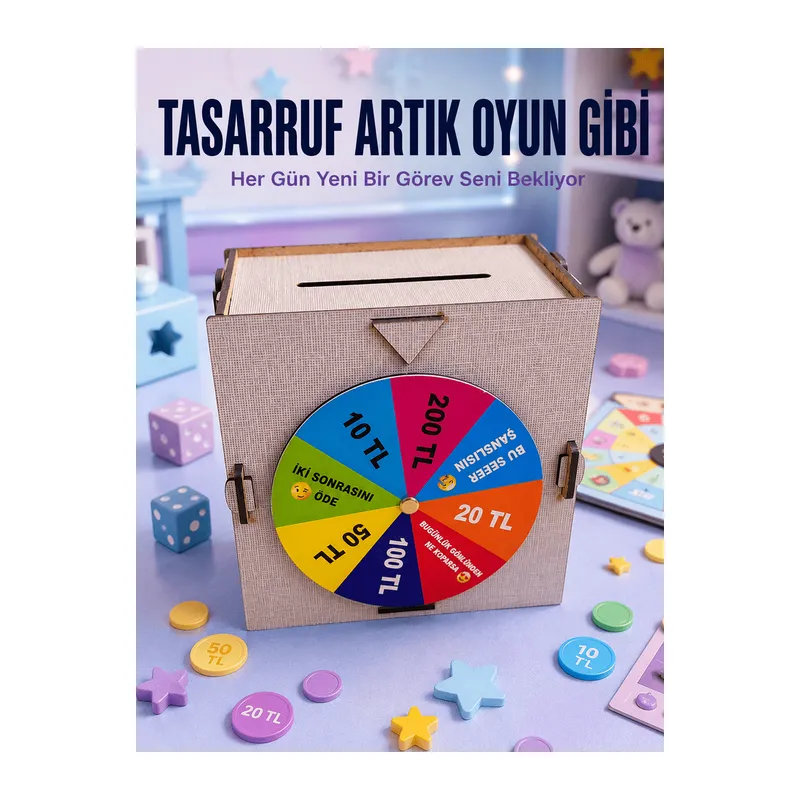 Para Biriktirme Challenge Kutusu Eğlenceli Şans Çarkı Ahşap Tasarruf Kumbarası