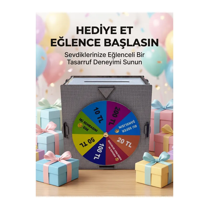 Renkli Şans Çarklı Para Biriktirme Oyunu Eğlenceli Tasarruf Kutusu Ahşap Challenge Kumbarası