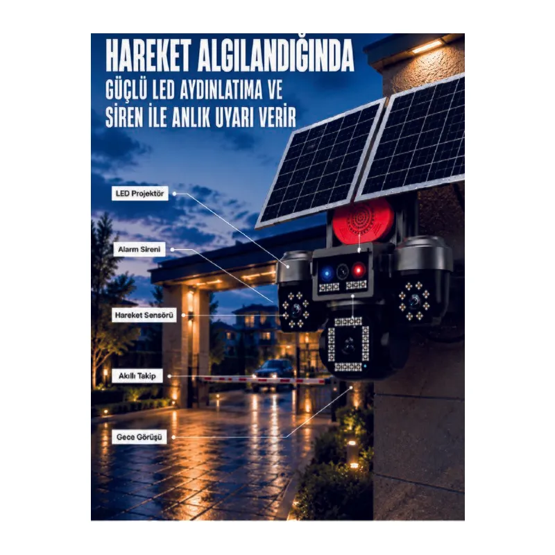 4 Kameralı 4G SIM Kart Destekli Güneş Enerjili Akıllı Güvenlik Kamerası
