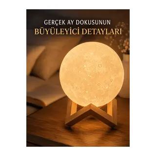 3D Ay Gece Lambası Ahşap Standlı Dekoratif LED Masa Lambası