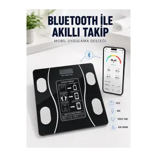 Akıllı Cam Baskül Bluetooth Mobil Uygulamalı Vücut Analiz Tartısı 180 Kg LCD Ekran