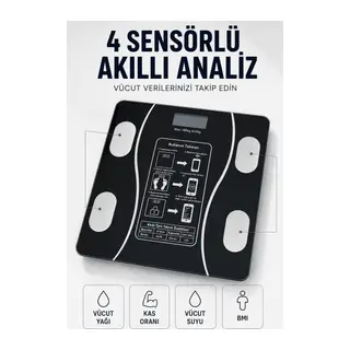 Bluetooth Akıllı Tartı 180 Kg Kapasiteli Vücut Yağ Kas Su BMI Analizli Cam Baskül