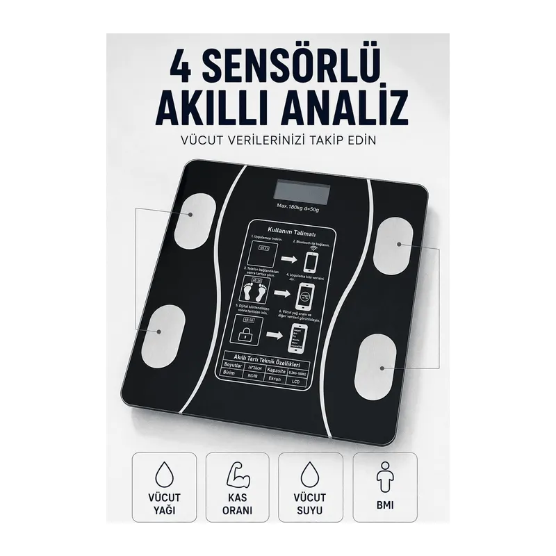 Bluetooth Akıllı Tartı 180 Kg Kapasiteli Vücut Yağ Kas Su BMI Analizli Cam Baskül