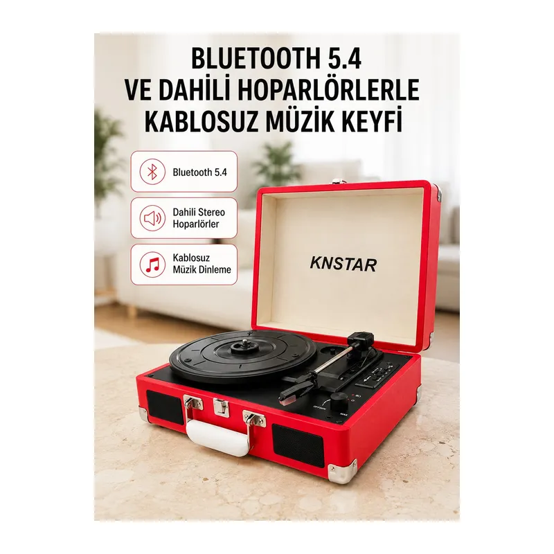 Taşınabilir Bavul Tipi Pikap Bluetooth Özellikli Dahili Hoparlörlü USB ve SD Kart Destekli Kırmızı