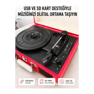 Bluetooth Bağlantılı Portatif Pikap 33 45 78 Devir Dahili Hoparlör ve Şarj Edilebilir Pil