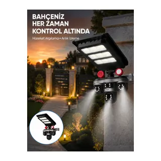 Güneş Enerjili 3 Lens Akıllı Güvenlik Kamerası LED Projektörlü Dış Mekan Koruma Sistemi