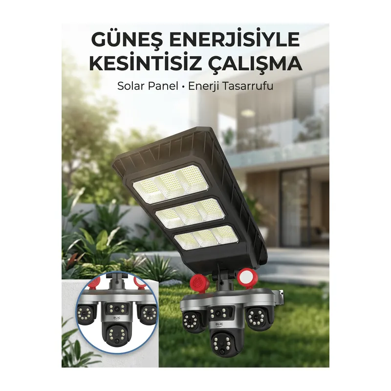 Solar Panelli Akıllı Güvenlik Kamerası LED Projektörlü