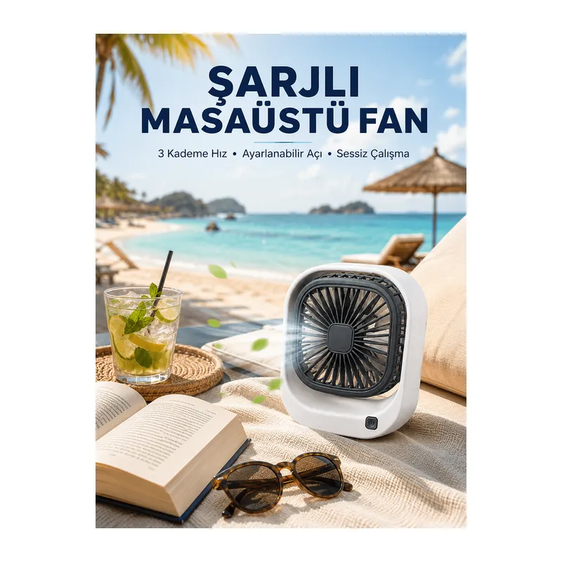 Şarjlı Masaüstü Fan 3 Kademeli Hız Ayarlı Güçlü Hava Akışı