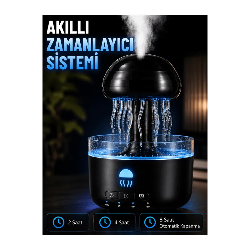 Denizanası Tasarımlı Ultrasonik Hava Nemlendirici RGB LED Işıklı Sessiz Buhar Makinesi Zaman Ayarlı