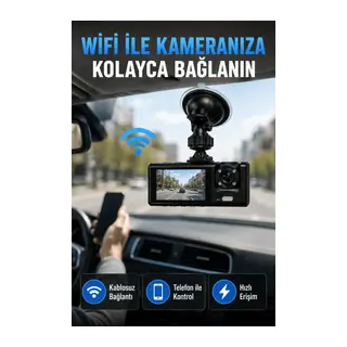 Çift Kameralı WiFi Araç Kamerası 170° Geniş Açı Full HD Araç İçi Kayıt Sistemi