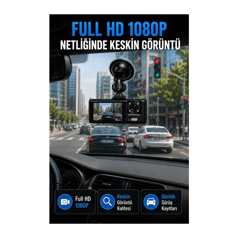 Araç İçi Kayıt Kamerası 1080P Full HD WiFi Destekli Ön ve Arka Kameralı Araç Kamerası