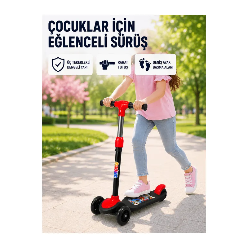 Çocuk Scooterı 3 Tekerlekli Denge Destekli Ayarlanabilir Gidonlu Çocuk Skuteri