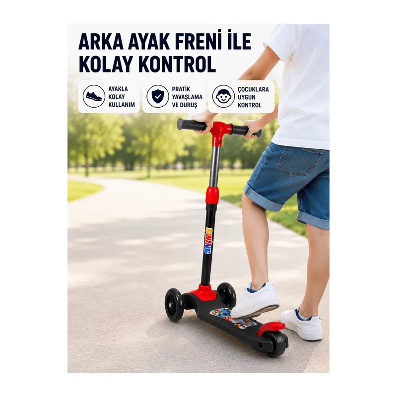 3 Tekerlekli Çocuk Scooterı Kaymaz Geniş Tabanlı Dengeli Sürüş Skuteri