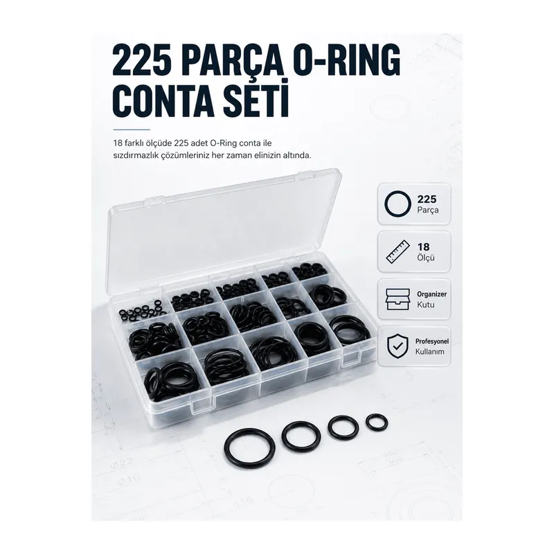 225 PCS O-Ring Conta Seti Profesyonel Tamir, Bakım ve Sızdırmazlık Çözümü