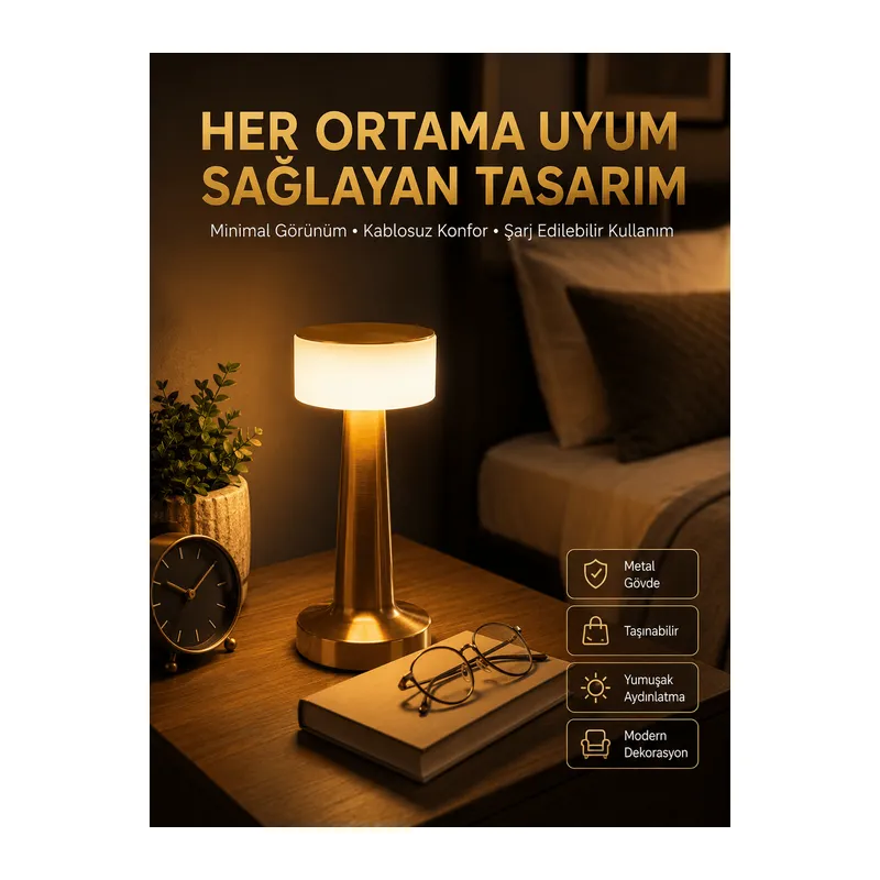 Kablosuz Renkli Masa ve Gece Lambası Altın Rengi Dokunmatik Led Lamba