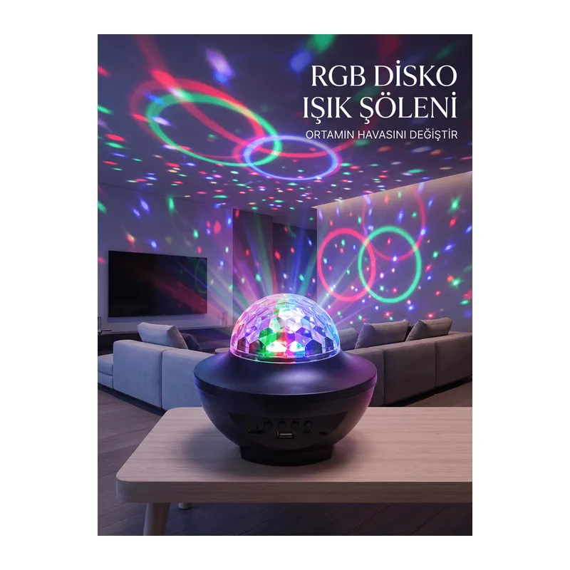 RGB Bluetooth Disko Lambası Dahili Hoparlörlü Müzikli Parti Işığı USB ve TF Kartlı