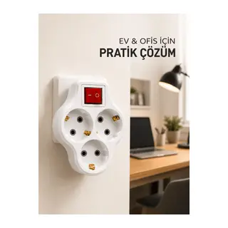 Kablosuz Priz Çoğaltıcı 3 Çıkışlı Anahtarlı Kompakt Duvar Tipi Çoklayıcı