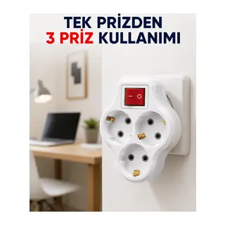 Tek Prizi 3’lü Yapan Anahtarlı Priz Adaptörü Topraklı Priz Çoğaltıcı