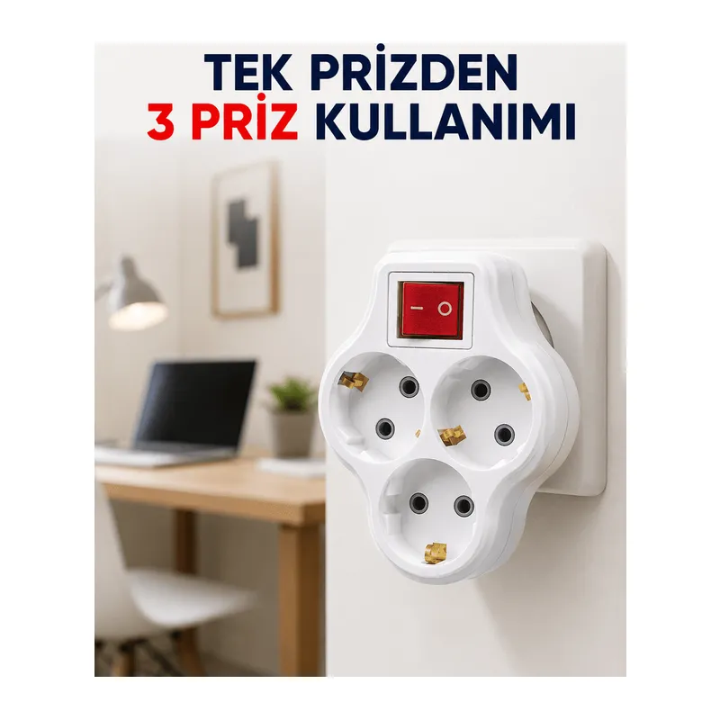 Tek Prizi 3’lü Yapan Anahtarlı Priz Adaptörü Topraklı Priz Çoğaltıcı