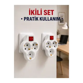 Kablosuz 3’lü Priz Çoklayıcı Açma Kapama Anahtarlı Duvar Tipi 2 Adet Set