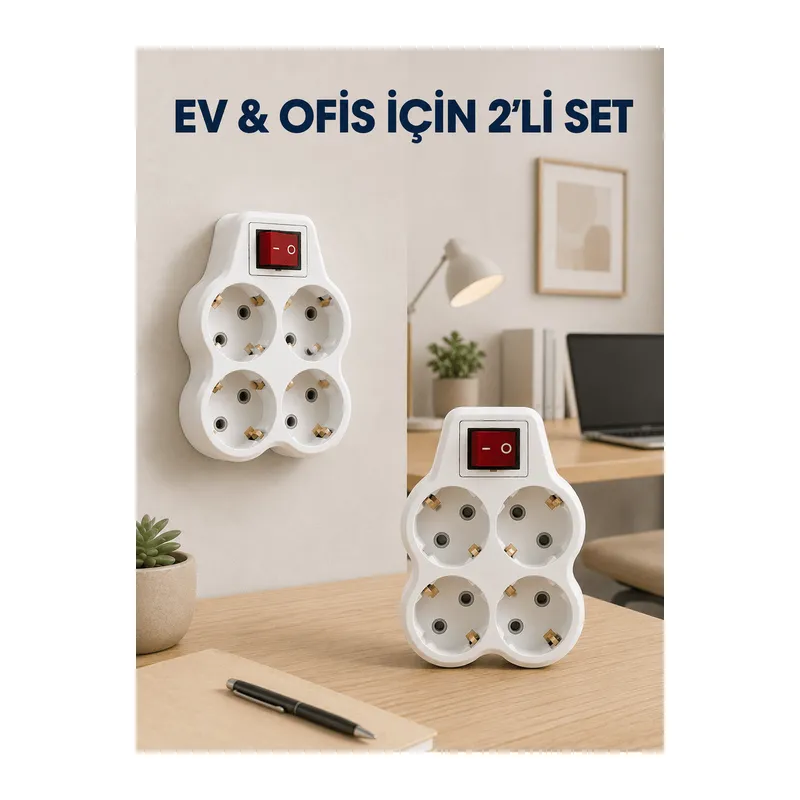 Kablosuz Duvar Tipi Priz Çoğaltıcı 4 Çıkışlı Anahtarlı 2 Adet Avantajlı Set