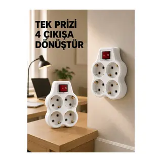 Anahtarlı 4’lü Priz Adaptörü Direkt Duvar Prizine Takılan Priz Çoklayıcı 2’li Set